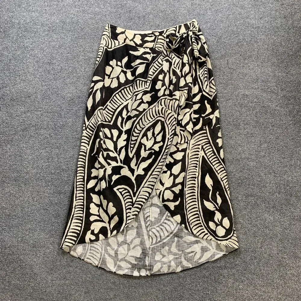Johanna Ortiz Skirt Women 6 Espresso Cream Zebra Found In India Wrap Tie Linen